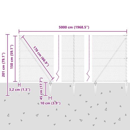 Оградa с колчета Сив 1.5 x 50 m Покрит със PVC стомана
