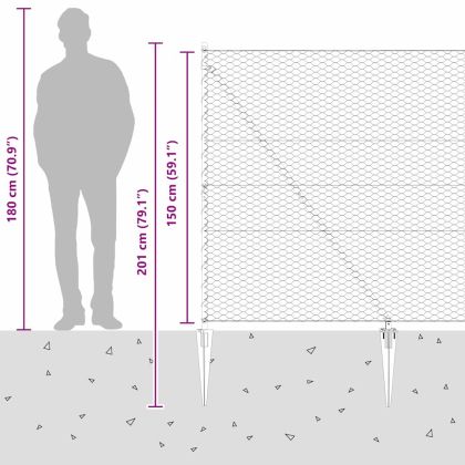Оградa с колчета Сив 1.5 x 50 m Покрит със PVC стомана