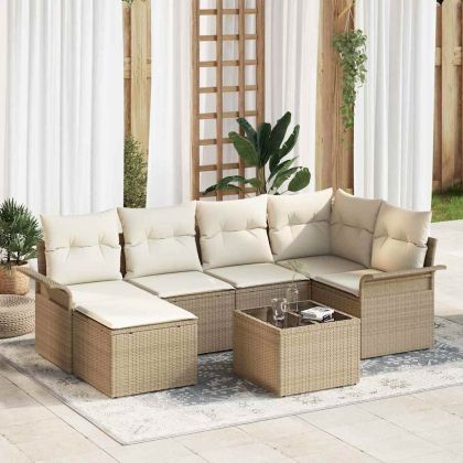 Градински Софа Комплект със съхранение 7 pcs Бежово полиратан