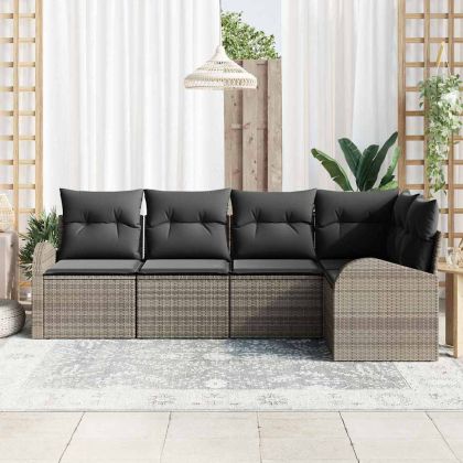 Градински Софа Комплект с възглавница 5 pcs Сив полиратан