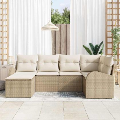 Комплект дивани с възглавница 6 pcs Бежов и бял полиратан