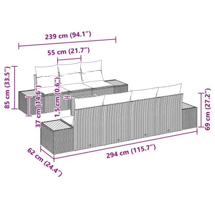 Градински Софа Комплект с възглавница 8 pcs Черно Полиратан