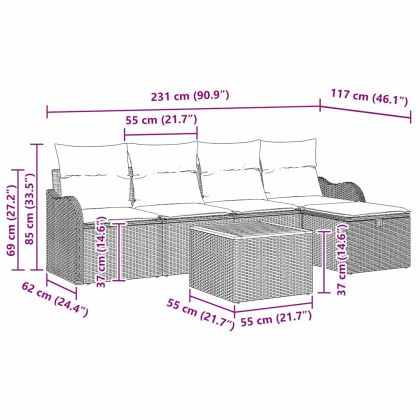 Градински Софа Комплект с възглавница 6 pcs Черно Полиратан