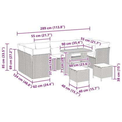 Градински Софа Комплект 10 pcs Сив полиратан