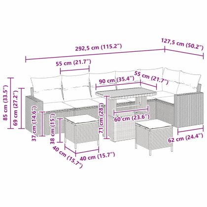 Градински Софа Комплект 9 pcs Сив полиратан