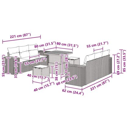 Градински Софа Комплект с възглавница 9 pcs Черно Полиратан