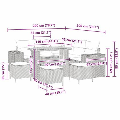 Градински Софа Комплект с възглавница 9 pcs Черно полиратан