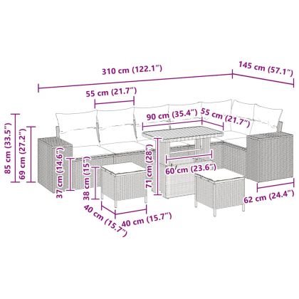 Градински Софа Комплект с възглавница 9 pcs Сив полиратан