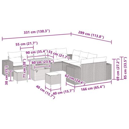 Градински Софа Комплект с възглавница 13 pcs Сив полиратан