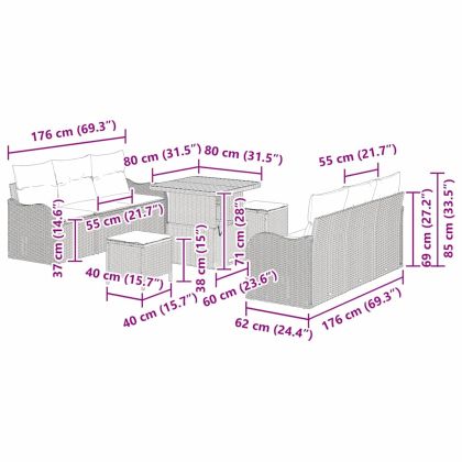 Градински Софа Комплект с възглавница 9 pcs Черно полиратан