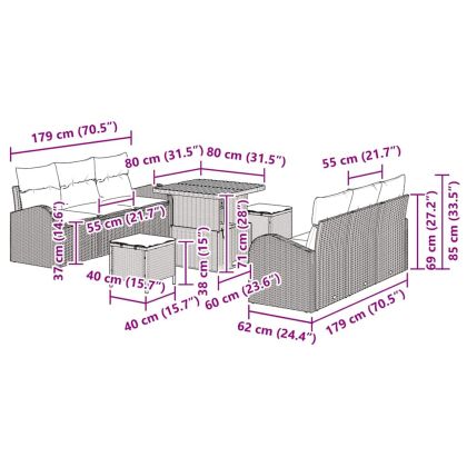 Градински Софа Комплект с възглавница 9 pcs Черно Полиратан