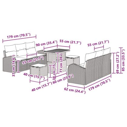 Градински Софа Комплект с възглавница 9 pcs Сив Полиратан