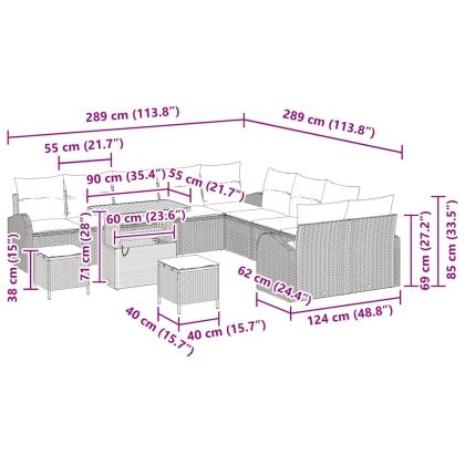 Градински Софа Комплект с възглавница 13 pcs Черно Полиратан