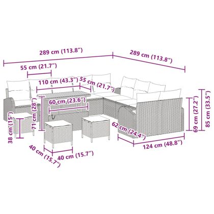 Градински Софа Комплект с възглавница 14 pcs Черно Полиратан
