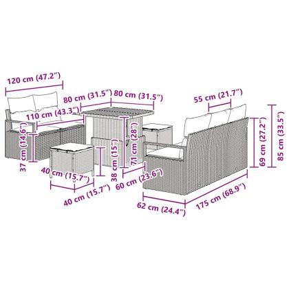 Градински Софа Комплект с възглавница 8 pcs Черно Полиратан