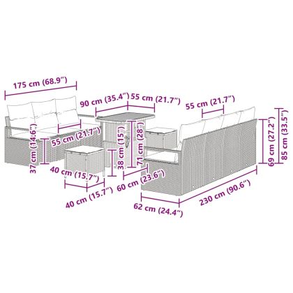 Градински Софа Комплект с възглавница 10 pcs Черно Полиратан