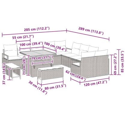 Градински Софа Комплект с възглавница 13 pcs Черно Полиратан