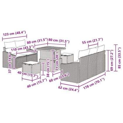 Градински Софа Комплект с възглавница 8 pcs Черно Полиратан