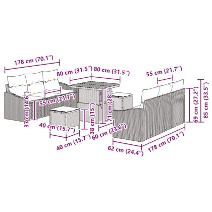 Градински Софа Комплект с възглавница 9 pcs Бежово Полиратан