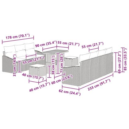 Градински Софа Комплект с възглавница 10 pcs Черно Полиратан