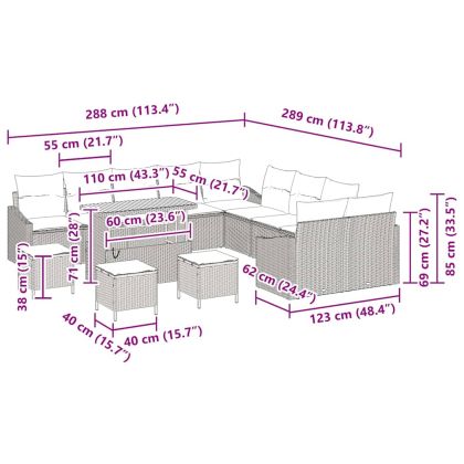 Градински Софа Комплект с възглавница 14 pcs Сив Полиратан