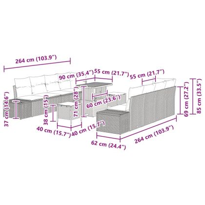 Градински Софа Комплект с възглавница 11 pcs Сив полиратан