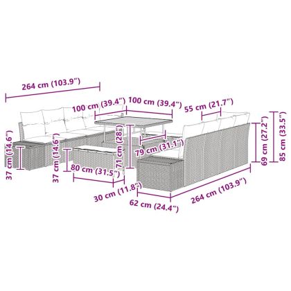 Градински Софа Комплект с възглавница 11 pcs Сив полиратан