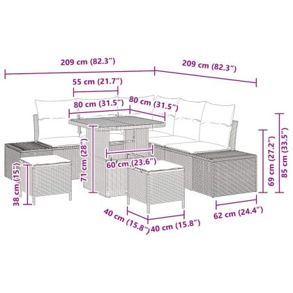 Градински Софа Комплект с възглавница 8 pcs Черно Полиратан