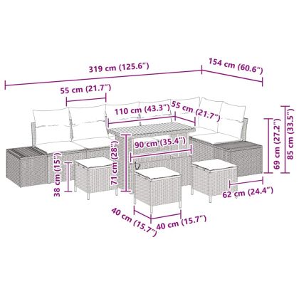 Градински Софа Комплект с възглавница 10 pcs Черно Полиратан
