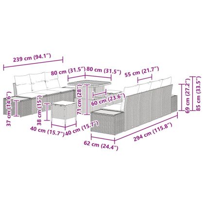 Градински Софа Комплект с възглавница 10 pcs Бежово Полиратан