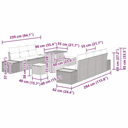 Градински Софа Комплект с възглавница 10 pcs Бежово Полиратан
