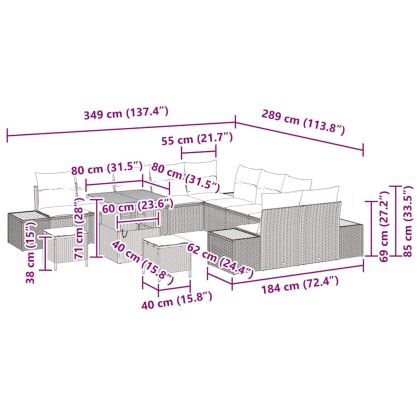 Градински Софа Комплект с възглавница 13 pcs Бежово Полиратан
