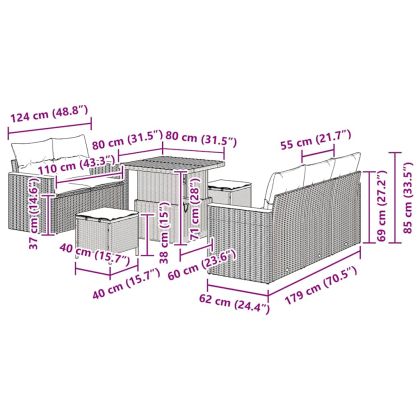 Градински Софа Комплект с възглавница 8 pcs Черно Полиратан