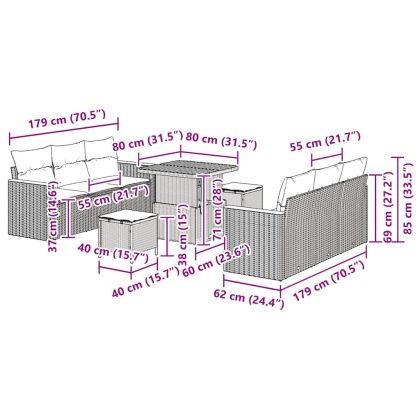 Градински Софа Комплект с възглавница 9 pcs Черно Полиратан