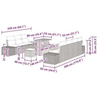 Градински Софа Комплект с възглавница 10 pcs Бежово Полиратан