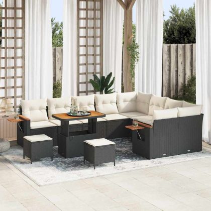 Градински Софа Комплект с възглавница Черно Полиратан