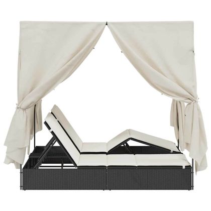 Двуетажно шезлонг с покрив Черно 205 x 129 x 200 см PE ратан