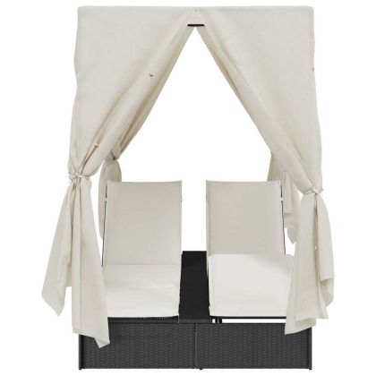 Двуетажно шезлонг с покрив Черно 205 x 129 x 200 см PE ратан