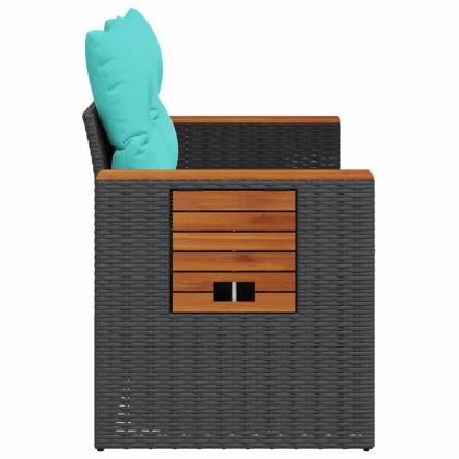 Градински диван с възглавници, двуместен, черен, полиратан