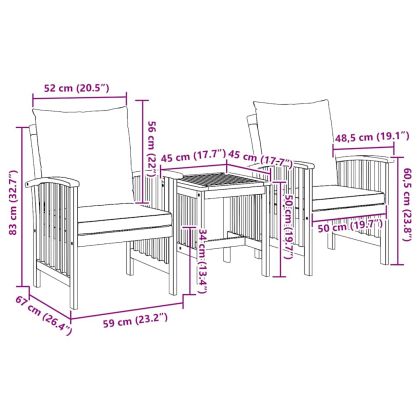 Градински Софа Комплект 3 pcs Кафяво Акациево дърво масив