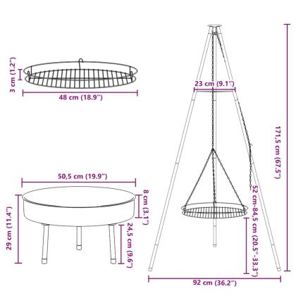 Трипод за лагерен огън Черно 92 x 92 x 171.5 см Метал