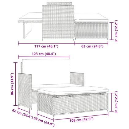 Градински комплект с възглавници, 2 части, полиратан, сив