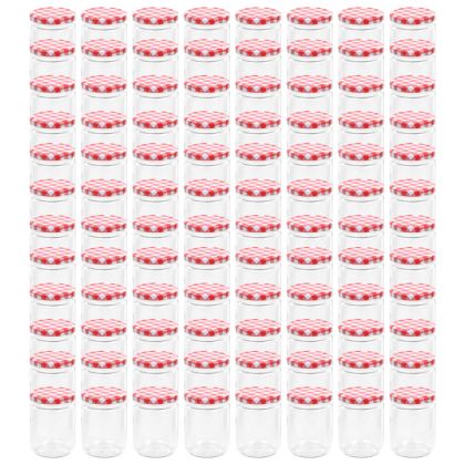 Стъклени буркани за сладко с бяло-червени капачки 96 бр 230 мл