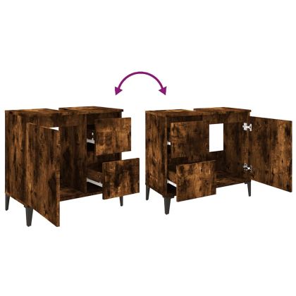 Шкаф за баня, опушен дъб, 65x33x60 см, инженерно дърво