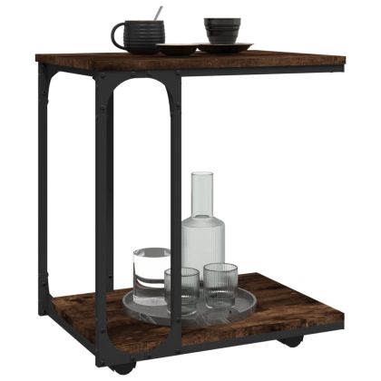 Странична маса с колела опушен дъб 50x35x55,5см инженерно дърво