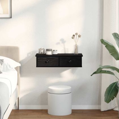 Стенен рафт с чекмеджета, черен, 60x28x15 см, инженерно дърво