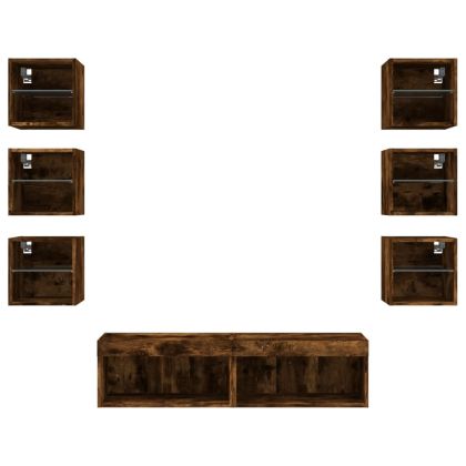 ТВ стенни модули с LED, 8 части, опушен дъб, инженерно дърво