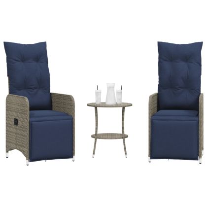 Градински столове с разтегателен механизъм, 2 бр., с маса, сиви, полиратан