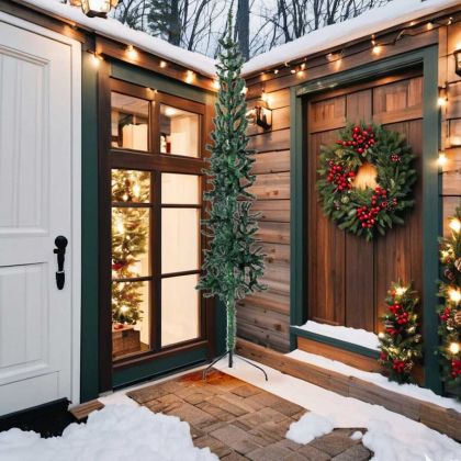 Тънка изкуствена половин коледна елха със стойка зелена 240 см