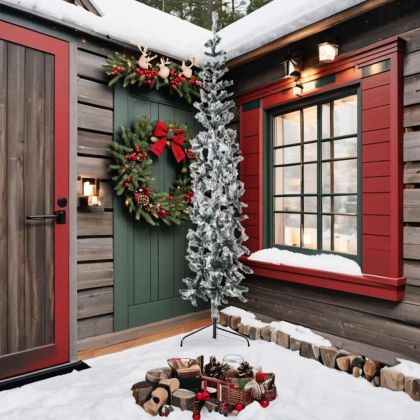 Тънка изкуствена половин коледна елха с флокиран сняг 240 см